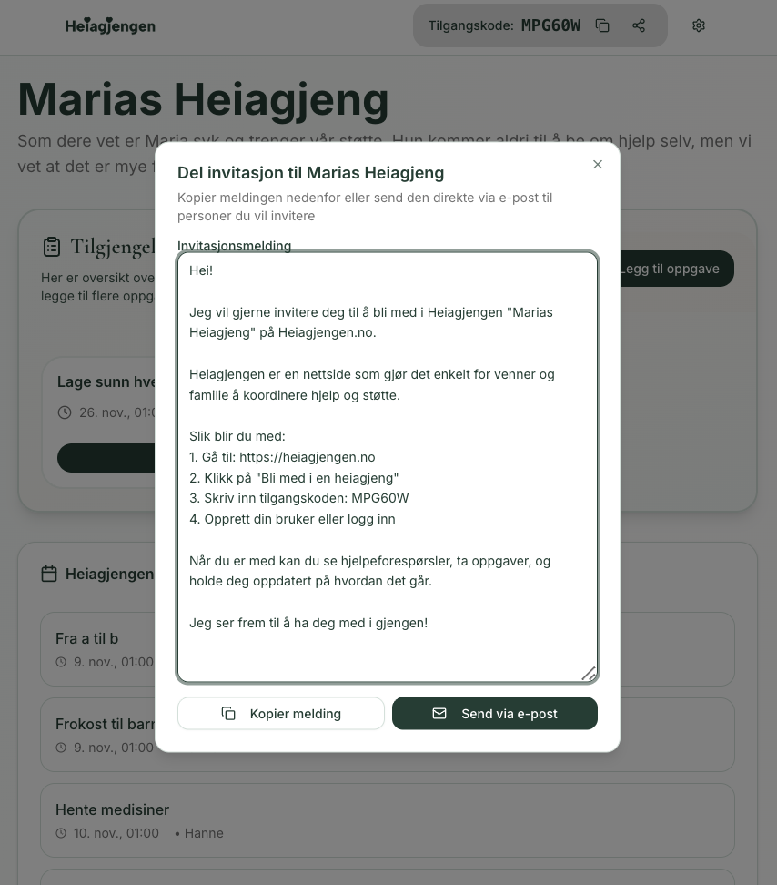 Del invitasjon med tilgangskode til gruppen