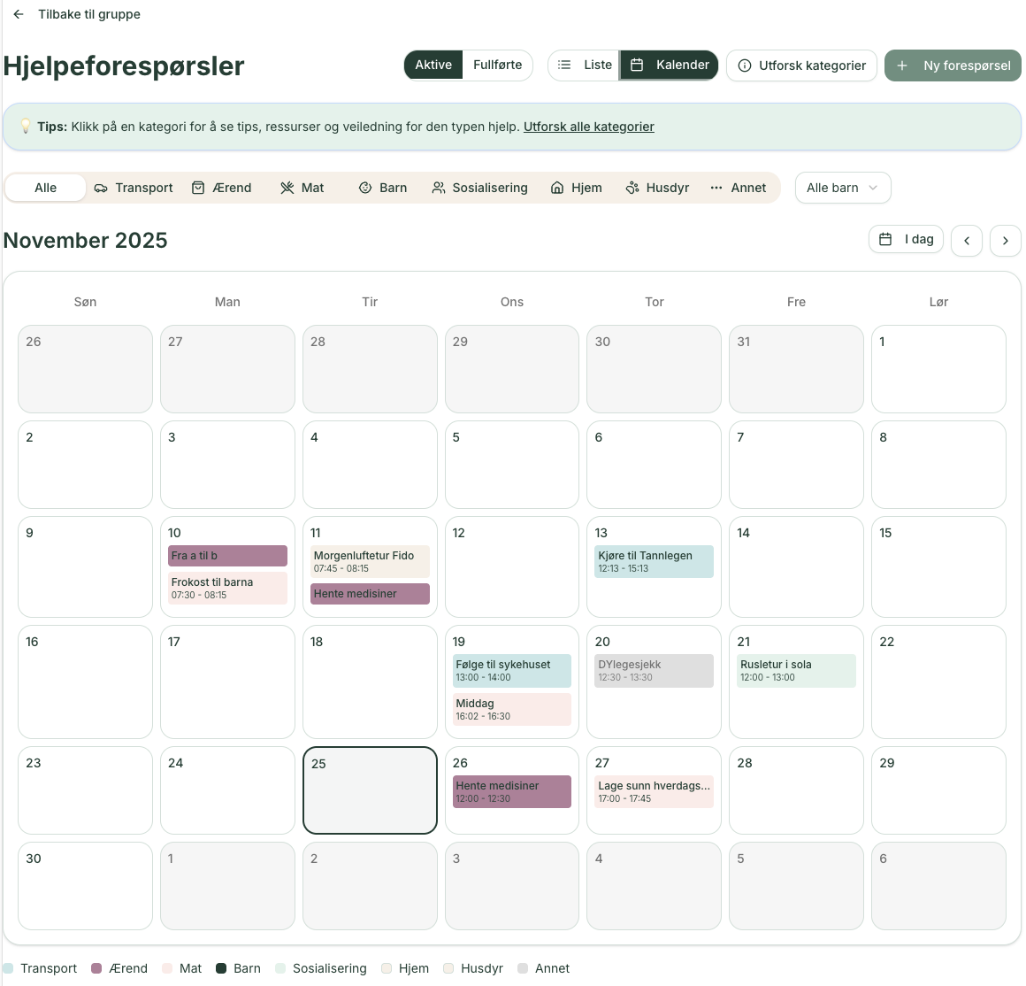 Full oversikt som kalender eller liste