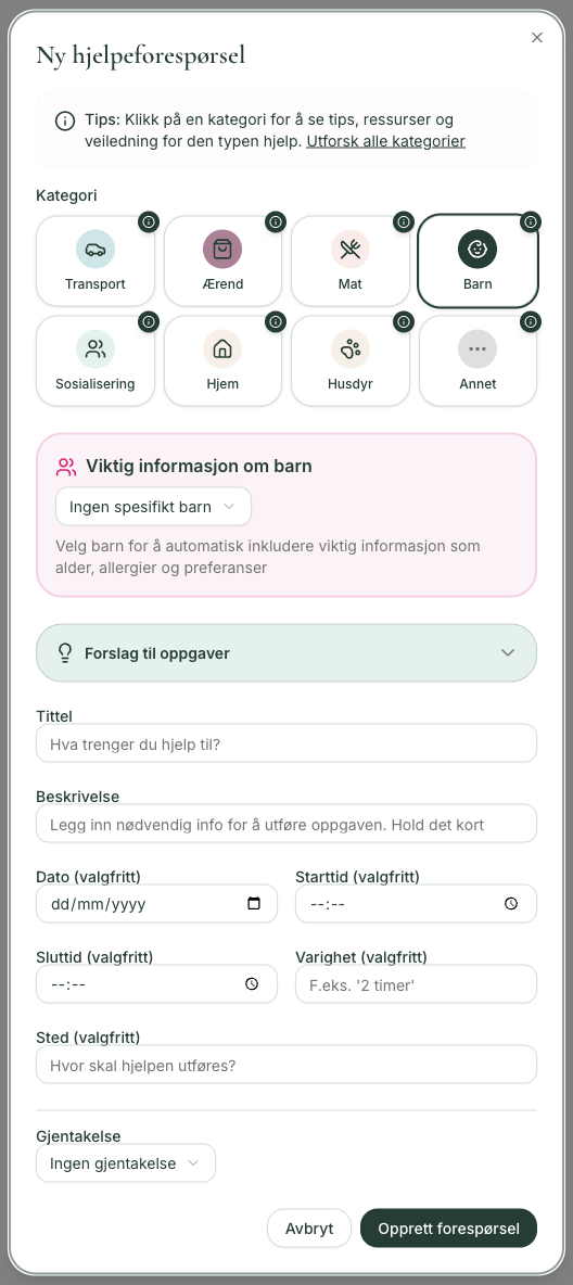 Opprett ny hjelpeforespørsel med kategorier og detaljer
