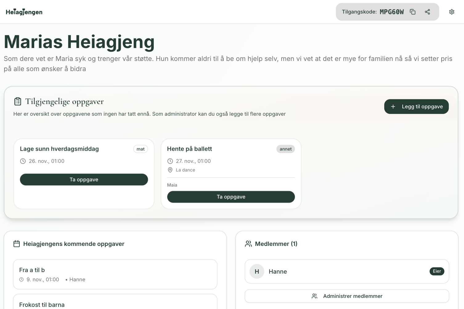 Kalendervisning med alle hjelpeforespørsler og kategorier